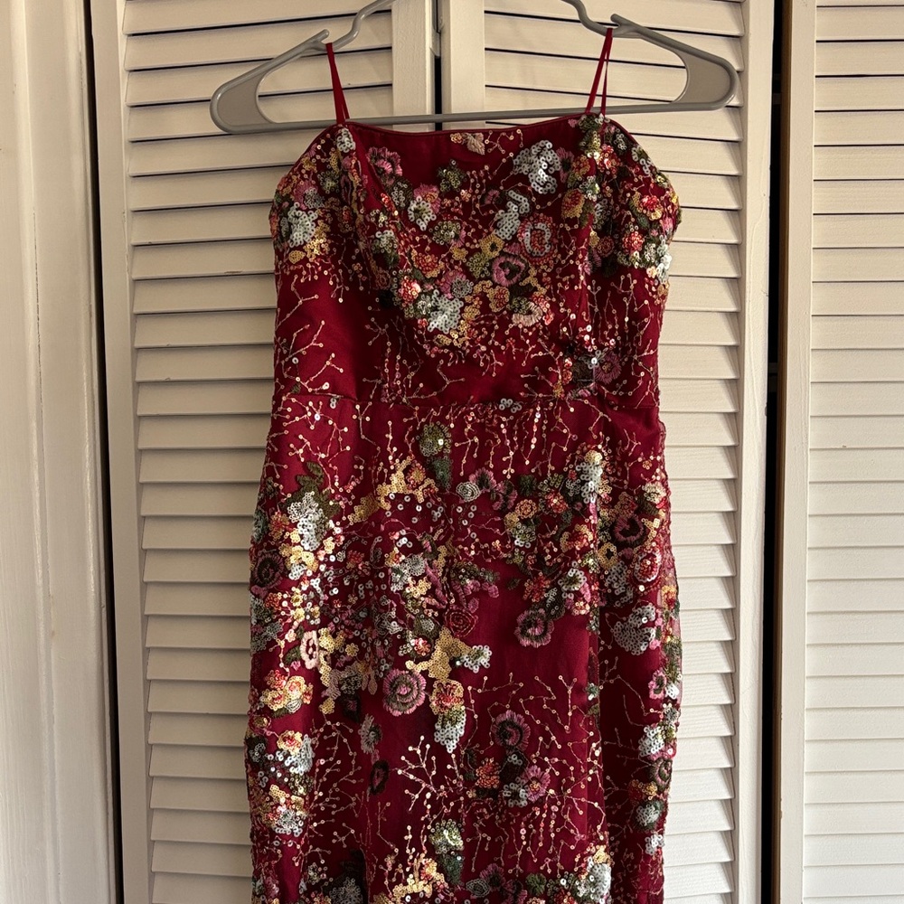 Sam Edelman Strapless Burgundy Floral Sequin Sheath Dress